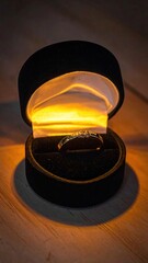 Ring in black velvet box, bright glow, wood background