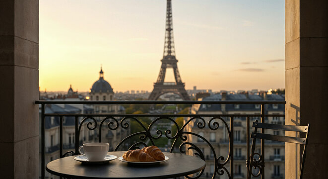 Balcony view in Paris with Eiffel Tower, coffee, and croissant.
