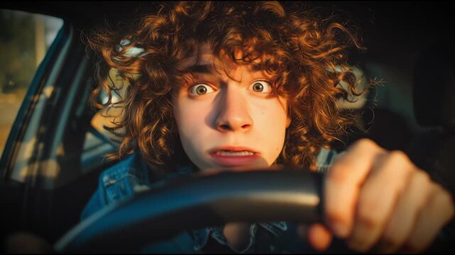 Shocked young man with curly hair gripping steering wheel and staring wide-eyed in dramatic close-up shot inside car, captured in golden hour light