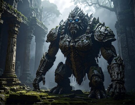 Stone guardian ape-like creature in ancient ruins, moss-covered, with glowing eyes. Dark fantasy scene - Powered by Adobe