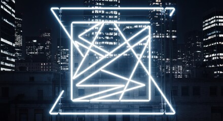 Neon square sculpture against dark cityscape, illuminated at night
