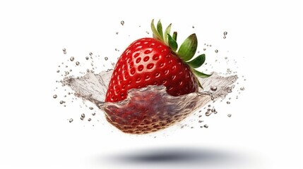 Strawberry's Splash: Dynamic Water Collision on Pure White Background