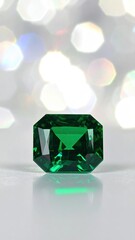 Emerald-cut gemstone with bokeh background