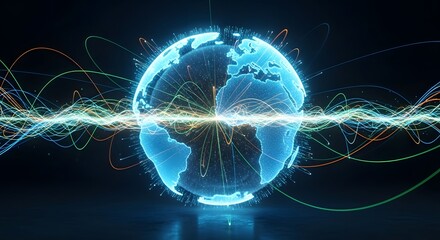 Digital connections flowing around a glowing blue globe, representing global networks and data transfer