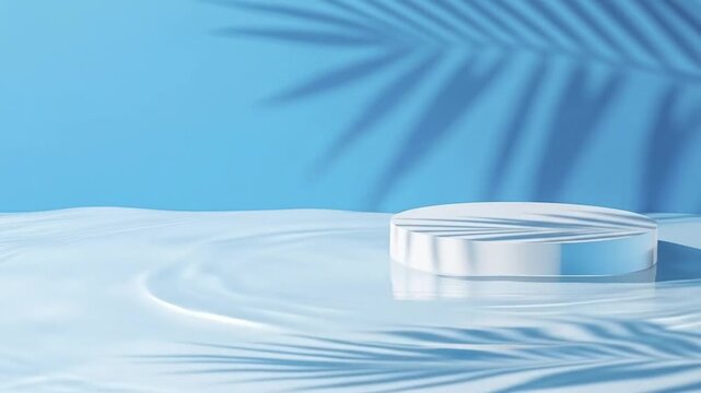 A serene and minimalist 3D rendering showcases a pristine white cylindrical display podium gracefully situated on a gently rippling, light blue water surface. Delicate and distinct shadows of palm lea