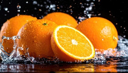 Sliced oranges surrounded by splashing water on black
