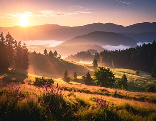 Fototapeta premium Sunrise illuminates a grassy hillside, with layers of mountains fading into the distance and soft fog between ridges
