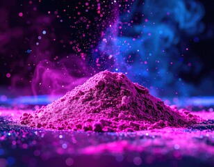 Pink powder pile explodes with bokeh, blue, magenta smoke