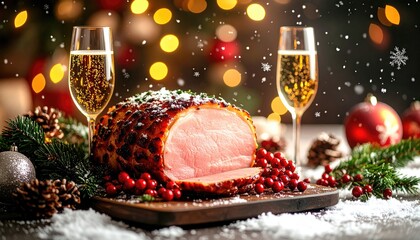 Holiday ham and champagne on snow, bokeh lights blurred