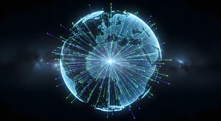 Vibrant digital Earth sphere with glowing network connections, symbolizing global data flow, interconnected communication, and advanced technology across the world