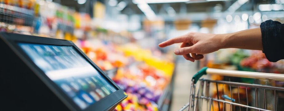 The touchscreen kiosk in supermarket with shopper pointing at screen and cart