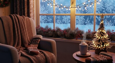 Cozy winter room with frosty window, lights, chair, & festive decor