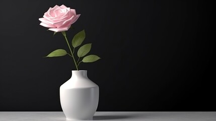 Fototapeta premium Elegant Pink Rose Bloom in Minimalist White Vase on Dark Background Still Life