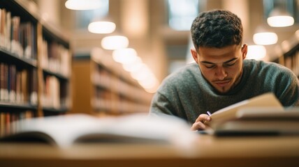 Focused young male student engaged in intensive study and research in quiet library environment, embodying dedication to academic learning and intellectual growth.