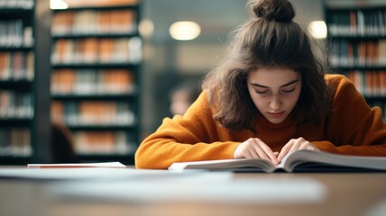 Focused young woman engaged in deep study, reading book with intense concentration in peaceful academic library setting, surrounded by shelves of knowledge and valuable resources for education