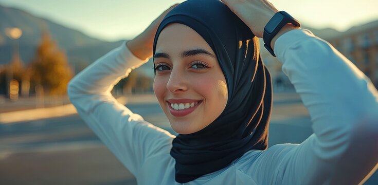 Young Arab woman enjoying a sunny outdoor workout in a white sport outfit