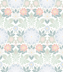 Vector gentle seamless pattern with decorative flowers and leaves on white background. Detailed in folk ornamental style