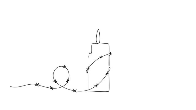 Animation of single one line drawing burning candles wrapped around barbed wire. Do not treat prisoners cruelly. Campaigning for justice. Amnesty International Day. Full length motion