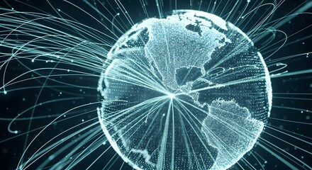 Dynamic digital Earth globe with intricate radiating lines, symbolizing global data flow, communication networks, and advanced technological connectivity for worldwide information exchange
