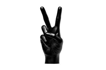 Black hand making peace sign against black background