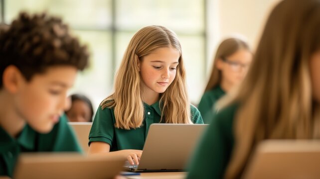 Young student girl actively engaged in digital learning and academic study with her laptop in bright, modern elementary school classroom, highlighting educational technology use and concentration