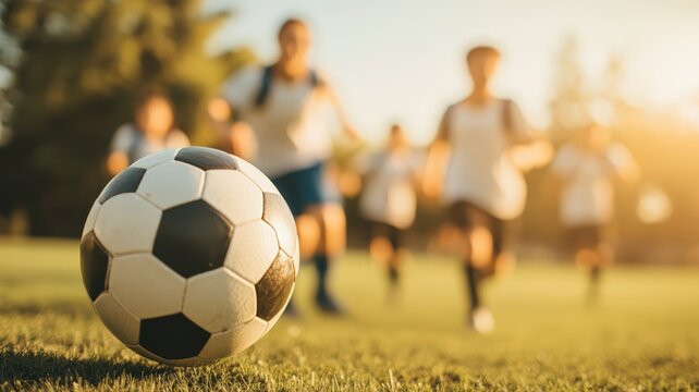 Closeup of soccer ball on lush green grass with blurred youth playing in background. Emphasizes golden hour lighting, outdoor sport, and activity on field. - Powered by Adobe