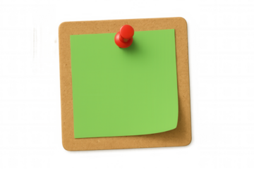Green sticky note pinned to cork board displaying empty space for message, reminder, or communication