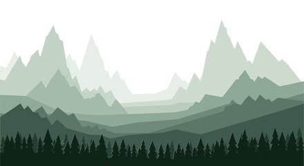 Fototapeta premium Layered Mountainscape with Evergreen Forest Silhouette in Muted Green Tones.