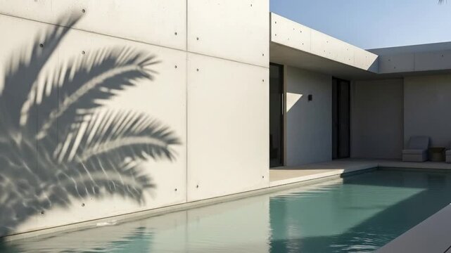 A serene, minimalist scene featuring modern concrete architecture alongside a tranquil swimming pool. Bright sunlight casts striking, dynamic shadows of palm fronds onto the raw, textured concrete wal