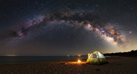 Milky Way Over Beach Camp: Tent, Bonfire, and Starry Night Sky