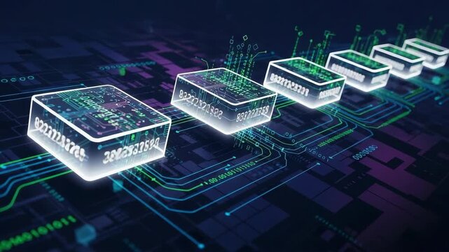 A row of glowing digital data blocks moving along a futuristic circuit board pathway with binary code.