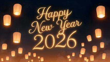 Floating Lanterns in Night Sky with Happy New Year 2026 Text