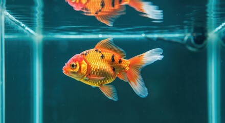 Orange goldfish swimming in clear water, seen from side with a surface reflection