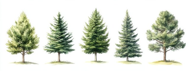 Fototapeta premium A set of five different pine trees displayed in a row showcasing natural beauty and diversity of these evergreen species