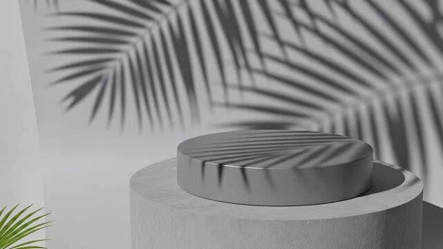 A sleek, modern cylindrical concrete pedestal topped with a reflective circular podium, illuminated by soft natural light, casts dynamic shadows of tropical palm leaves on the minimalist white backgro