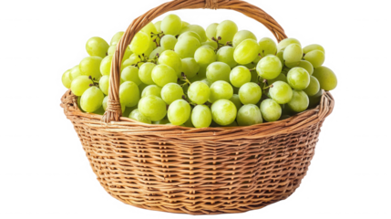 A wicker basket filled to the brim with a bountiful harvest of fresh green grapes on black background on transparent background