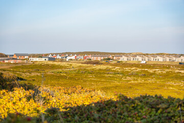 A colorful seaside village stretches across the horizon, with houses in red, white, and beige tones. The golden foreground vegetation adds warmth to the view.