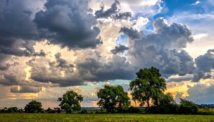Dramatic clouds loom over a grassy field dotted with trees, lit by a golden sunset