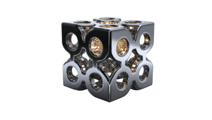 A metallic cube with intricate, interlocked gears