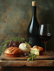 Elegant Still Life with Red Wine, Grapes, and Savory Cakes
