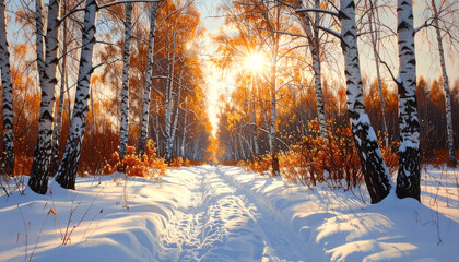 Tranquil Winter Wonderland Road: Sunlit Snow Scene with White Birch Trees for Holiday Themes.