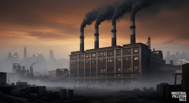 Industrial Pollution in a City Factories spewing smoke, impacting the urban environment