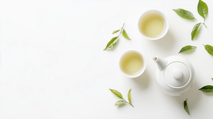 Green Tea with Teapot and Leaves on White Background