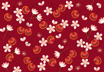 さくらんぼの花と赤い実の芳醇な壁紙