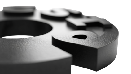 Close-up view of a dark gray circular object, possibly a disc or washer, with embossed text