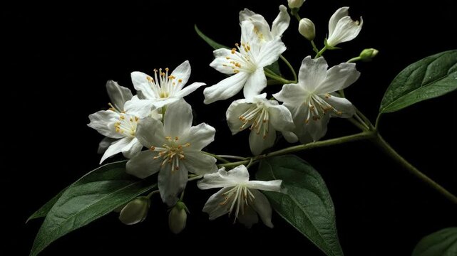 A stunning close-up reveals delicate white blossoms with vibrant yellow stamens, nestled among lush green leaves and tender buds, all set against a dramatic, deep black background. This exquisite bota