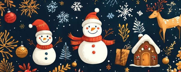 Festive Christmas pattern with cheerful snowmen, gingerbread house, and decorative ornaments on a navy blue background, capturing the joy of the holiday season