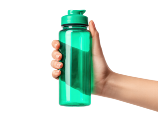 Reusable water bottle held by hand with green color and flip cap for hydration