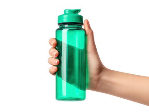 Reusable water bottle held by hand with green color and flip cap for hydration