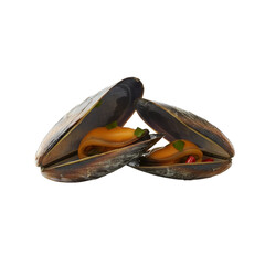 Two Mussels Ready to Eat: Isolated and Seasoned Seafood on White.